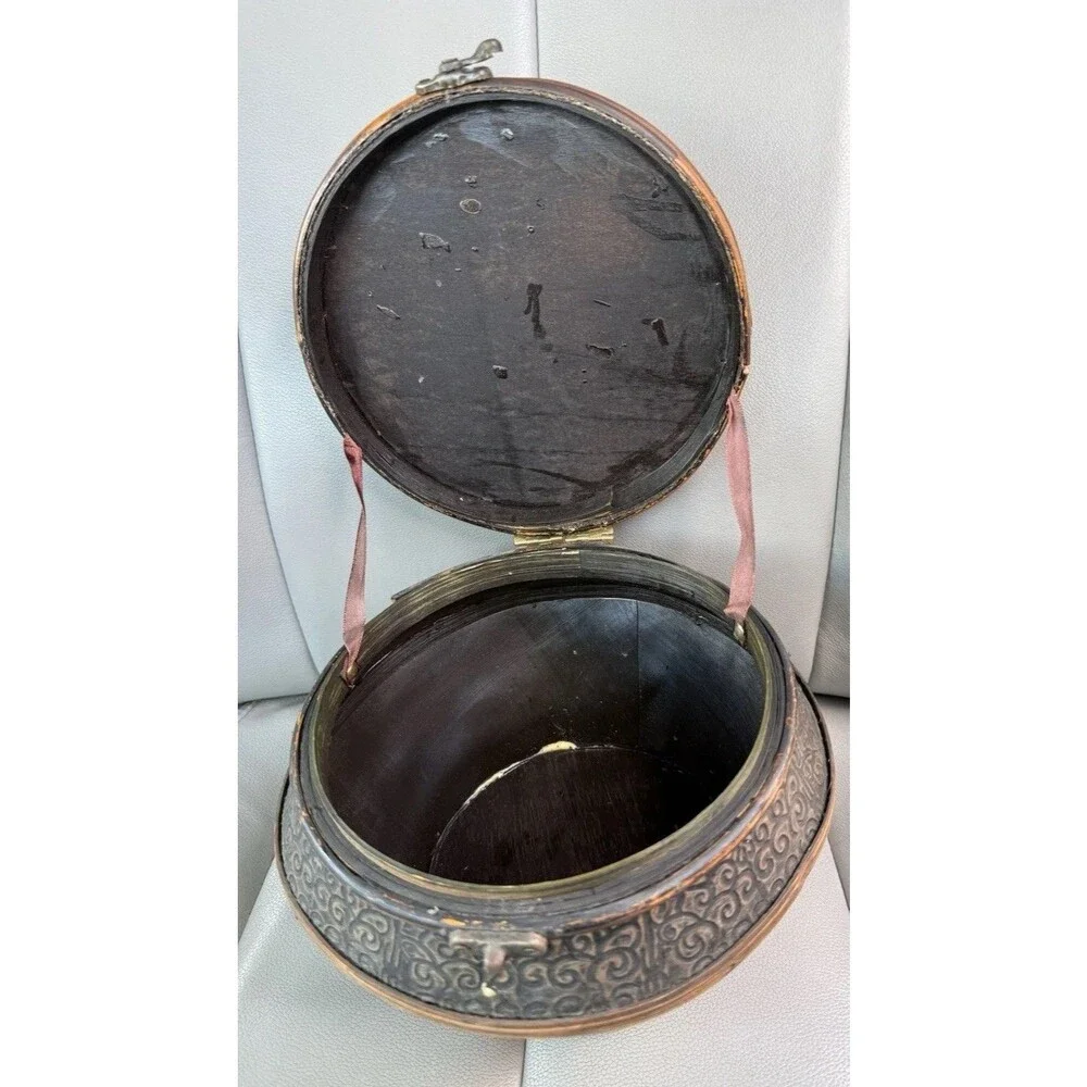 VTG 1890 Antique Wedding Basket From Rattan & Cane Carved Brass Band And Lock